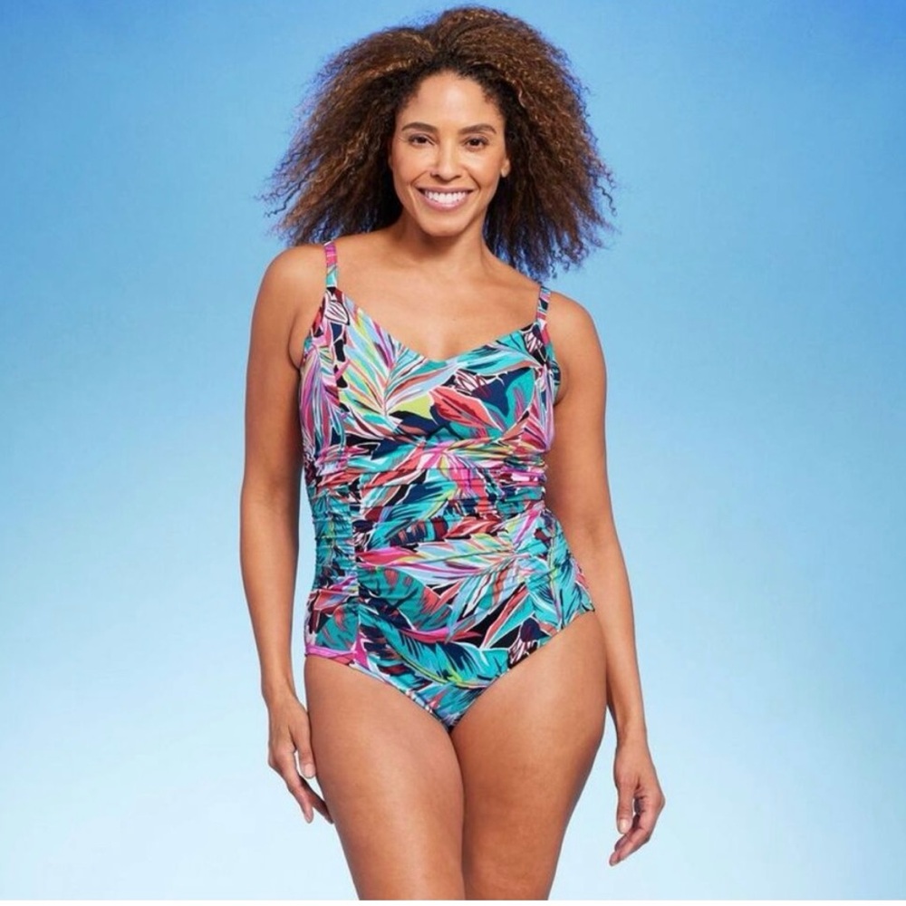 Aqua Green Vibrant Leaf Print One Piece Swimsuit NWT. XL